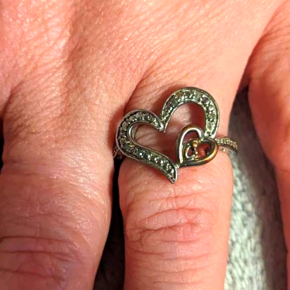 Vintage silver,  rose gold accents heart ring